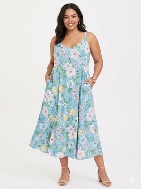 Blue Floral Midi Dress with Pink & Yellow Blooms